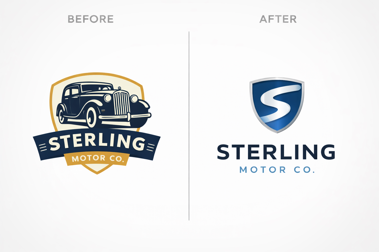 Brand identity redesign showing before and after logo improvement